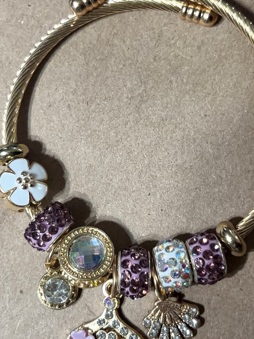 Pandora style Gold-Tone Charm Bangle with Purple Crystal Beads